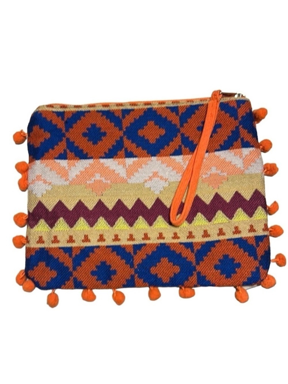 America & Beyond Aztec Orange & Blue Tribal Print Jacquard Wristlet Pom Pom Trim